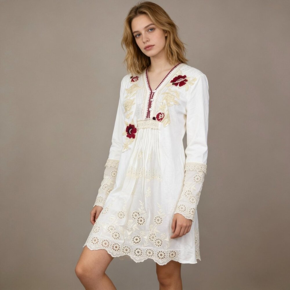 NWOT Johnny Was Embroidered Floral Long Sleeves Cream Tunic Dress Boho Cotton S